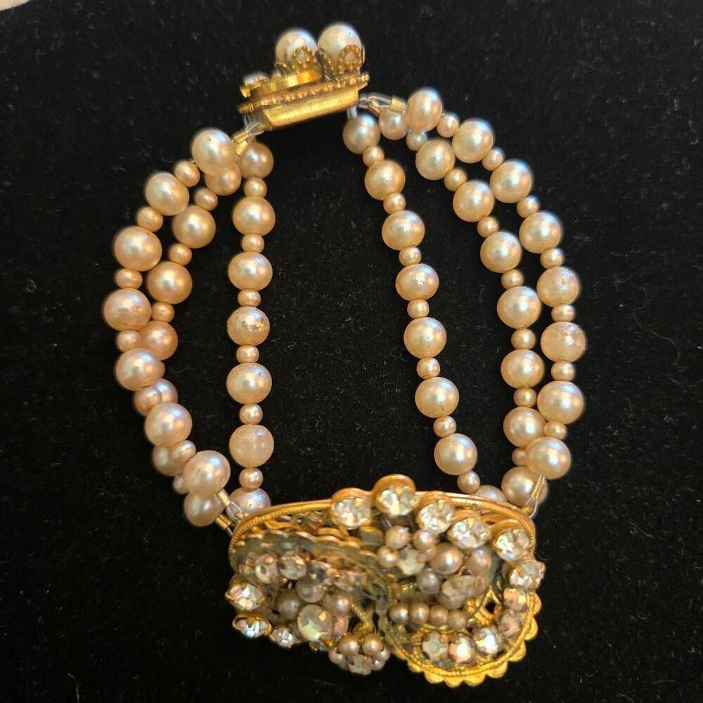 Miriam Haskell Style Faux Pearl Rhinestone Bracelet